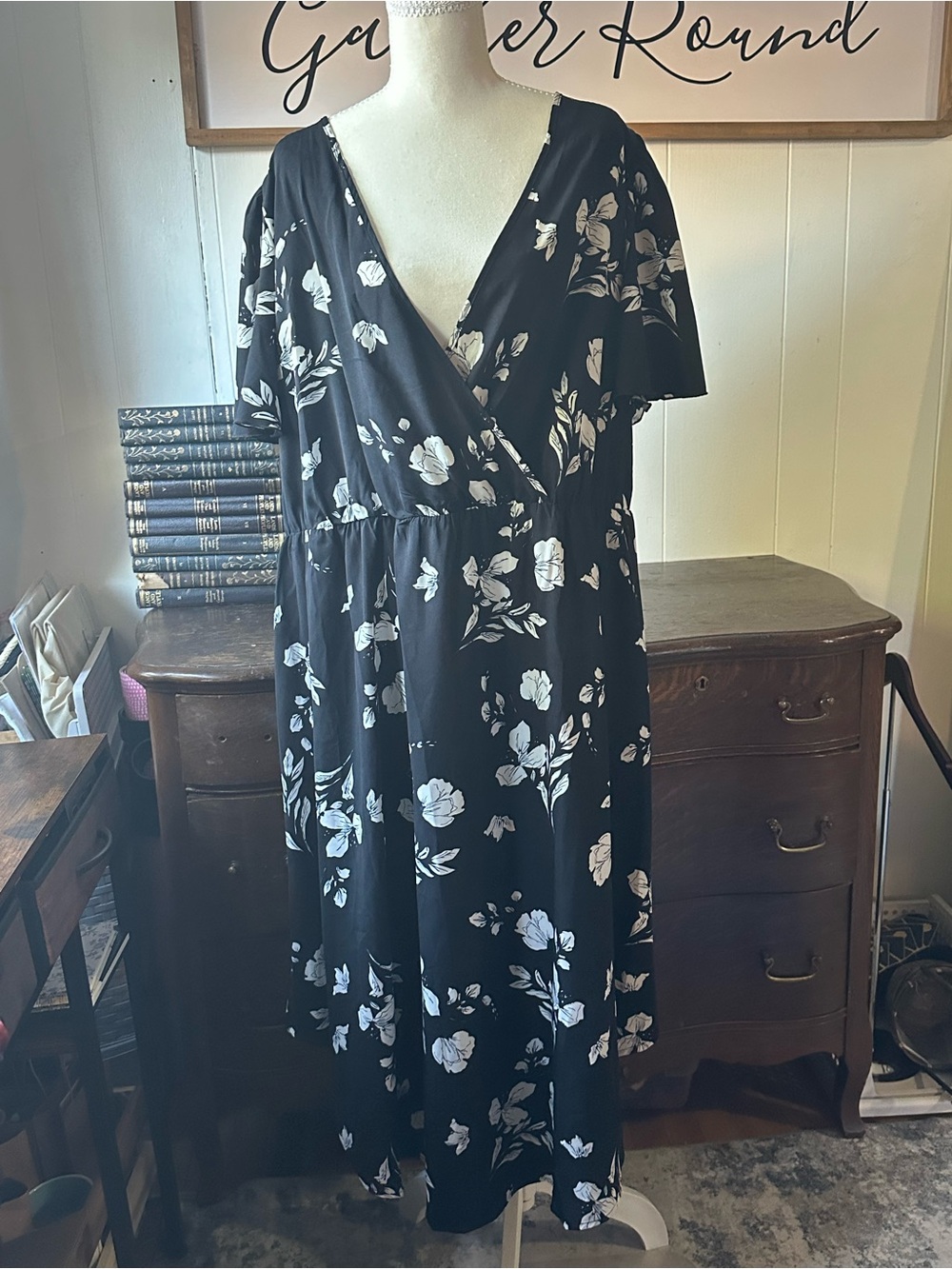 SHEIN Black Floral Wrap Midi Dress